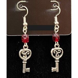 Handmade Key & Red Faceted Glass Bead Silver Tone Earrings by Neanie-Bot